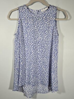 Three Eighty Two Periwinkle White Sleeveless Top Women's XS High Low‎ Hem Flowy